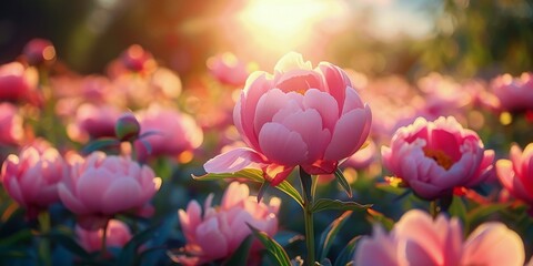 Obraz premium Beautiful peony blooming in a sunlit garden during spring with vibrant colors and soft bokeh