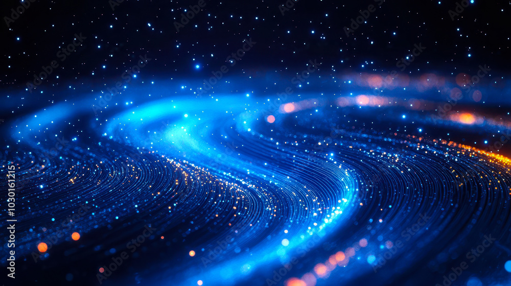 Poster futuristic technology background with shiny blue abstract lines and bright circular patterns on dark