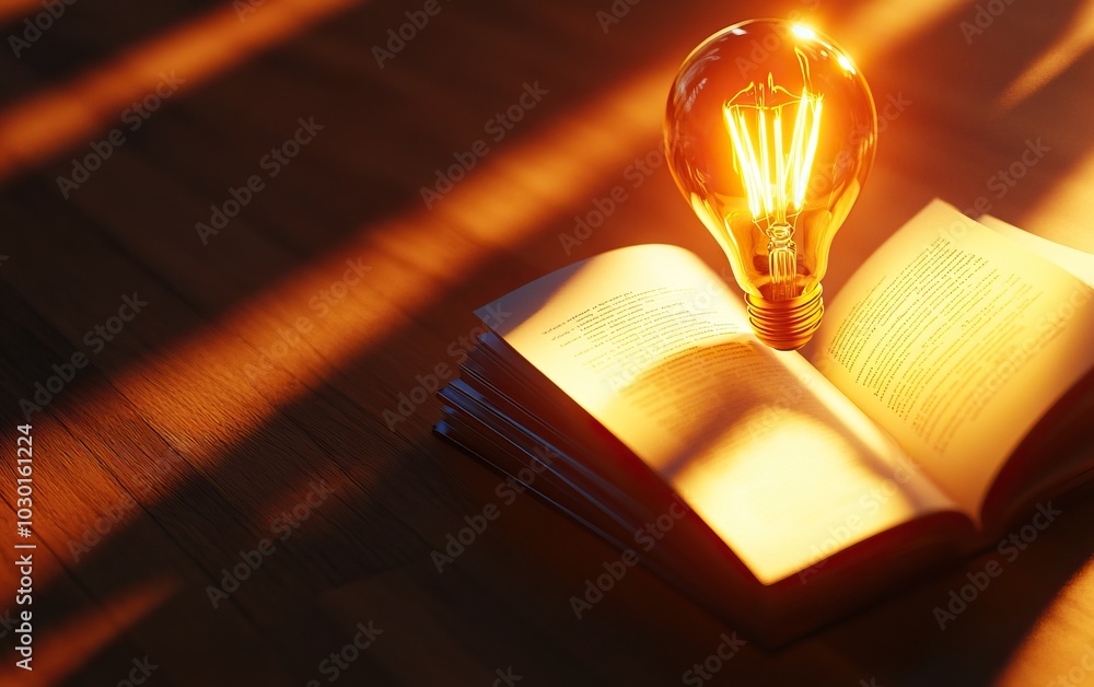 Poster an open book illuminated by a glowing light bulb, symbolizing knowledge and creativity, on a wooden 