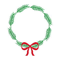 Tiempo de Navidad. Logo con corona navideña circular de ramas de pino o abeto con nudo de lazo para tarjetas y felicitaciones © teracreonte