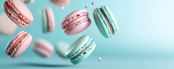 Elegant floating macarons in pastel colors with open space for text on the right, perfect for elegant designs.