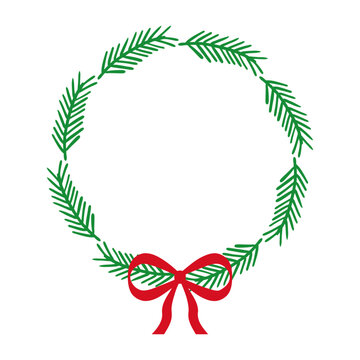 Tiempo de Navidad. Logo con corona navide&ntilde;a circular de ramas de pino o abeto con nudo de lazo para tarjetas y felicitaciones