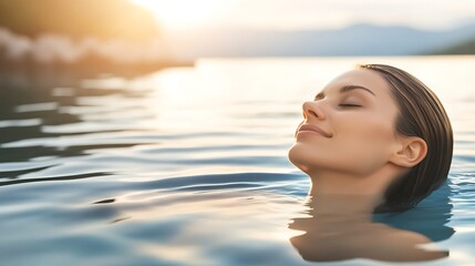In this captivating stock photo, a woman is seen floating in water, her expression serene and content