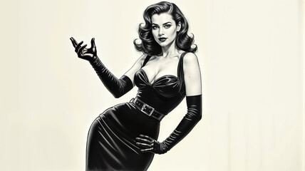 Obraz premium Brunette in black evening dress. Black and white image on white background. Pin-up style