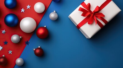 Festive gift box with red ribbon surrounded by colorful ornaments on a vibrant background.