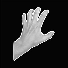 Halftone monochrome hand isolated on black background expressive human hand grabbing gesture