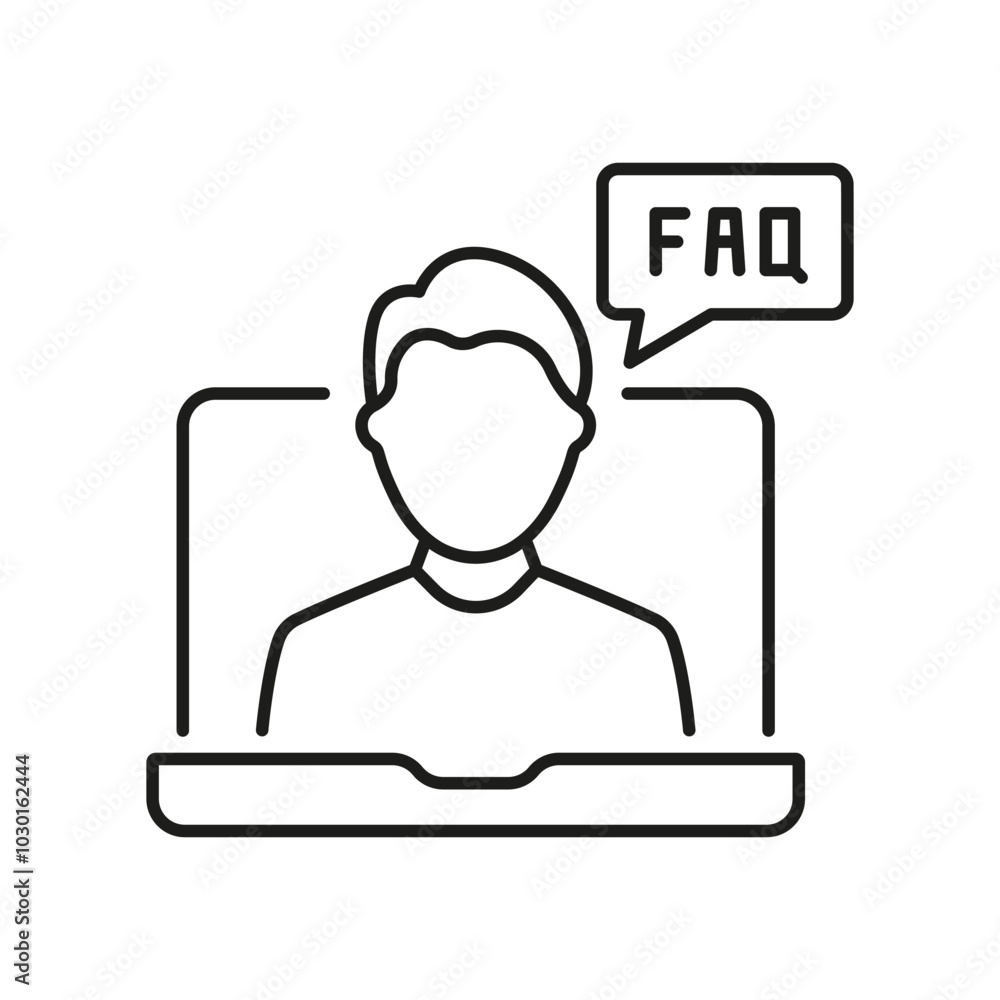 Poster man on video call with faq bubble line icon for online support and communication. video conference, 