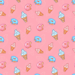 Cute seamless pattern dessert ice cream and donut on pink background. Doodle linen style, bright pink and blue color style, baby design boy and girl.