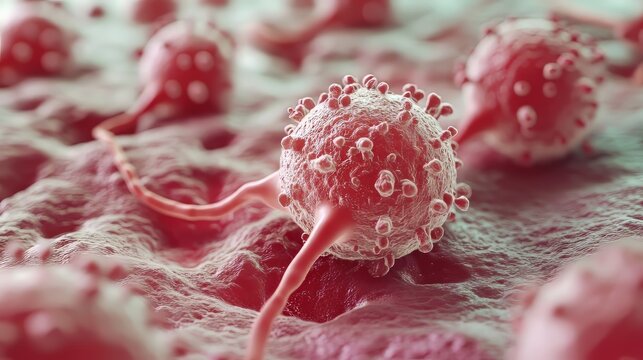 A detailed 3D image shows white blood cells fighting a cancer cell.