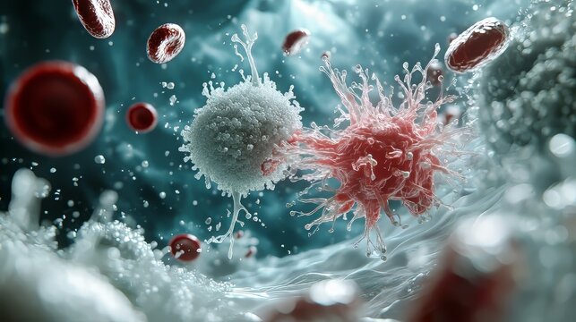 A detailed 3D image shows white blood cells fighting a cancer cell.