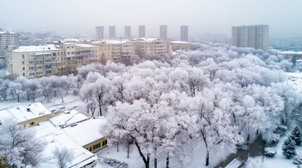 Obraz premium A drone captured a beautiful scene in Baku: evergreen trees covered in snow after a strong winter storm.