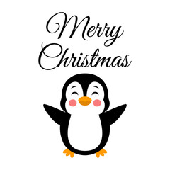 Tiempo de Navidad. Logo con mensaje en texto manuscrito Merry Christmas con pingüino alegre saludando para tarjetas y felicitaciones