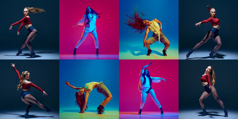 Collage. Passionate, elegant young women performing stiletto dance, high heels against gradient...