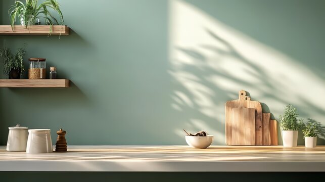 A kitchen with a white wooden table and a green wall. There's a wooden shelf and a counter in the background, perfect for displaying food or products. The table top is ideal for mockups or templates.