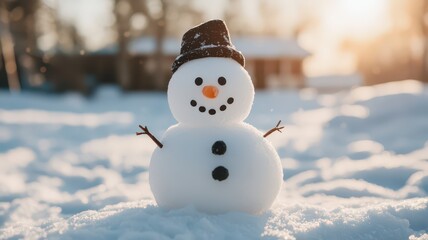Obraz premium Whimsical Snowman Melting Under a Warm Winter Sun: A Nostalgic Scene of Seasonal Change and Childhood Joy