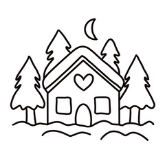 Small house and christmas trees, ideal for use in coloring pages, DIY Christmas crafts, or as a decorative element for printable templates and worksheets