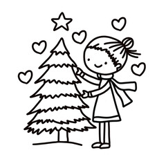 Christmas tree and a girl decorating it coloring page, outline with delicate branches, perfect for winter-themed coloring books and educational materials for kids or adults during holiday  activity