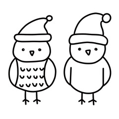 Birds in Christmas hats, outlined with delicate branches, perfect for winter-themed coloring books and educational materials for kids or adults during holiday  activities