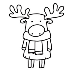 Christmas deer in scarf  in a clean, black and white design, great for use in coloring activities, Christmas invitations, or as elements in festive DIY projects, coloring page,