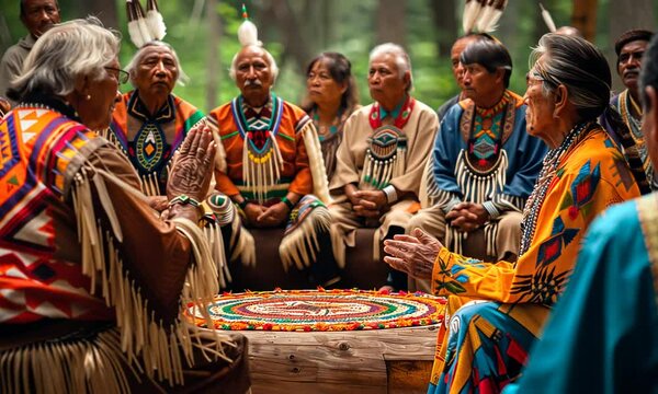 A group of indigenous leaders dressed in colorful traditional attire engages in a spiritual ceremony surrounded by serene forest scenery. Their expressions convey deep cultural significance and unity