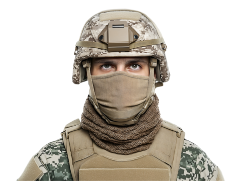 front view of a u.s. navy seal in modern tactical gear with camouflage uniform, combat helmet, and face mask, military portrait for special forces operations and advanced warfare representation
