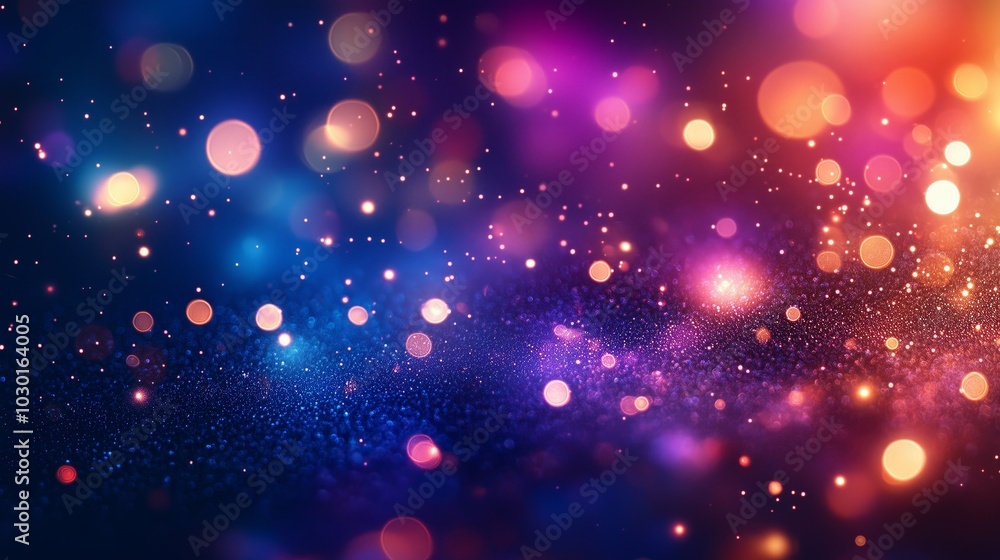 Poster blurred background with colorful bokeh lights and sparkling sparkles on a blue purple gradient backg