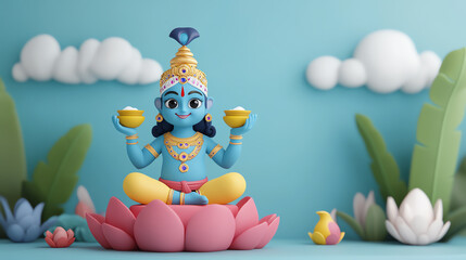 Fototapeta premium Colorful representation of a deity seated on a lotus flower, surrounded by playful clouds and greenery, evoking tranquility and spirituality.