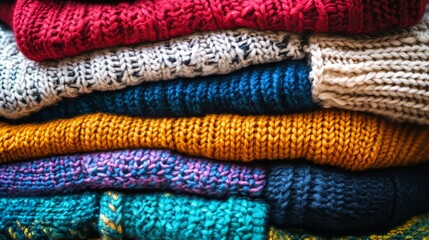 A pile of colorful knitted sweaters stacked together, showing their edges.