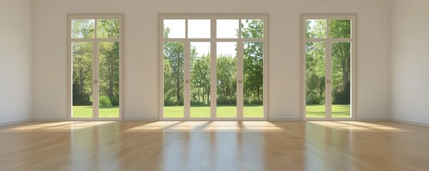 Fototapeta premium Bright room with folding doors opening to a picturesque summer garden, inviting nature indoors.