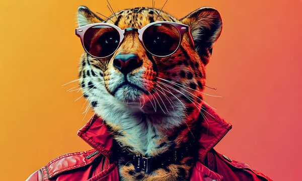A fashion-forward leopard sports trendy sunglasses and a bold jacket, embodying confidence against a backdrop of vivid hues that amplify its charm