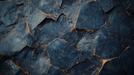 Fototapeta premium Dark Blue Rock Face. Close Up Granite Stone Texture with Golden Streaks, Rough Natural Background
