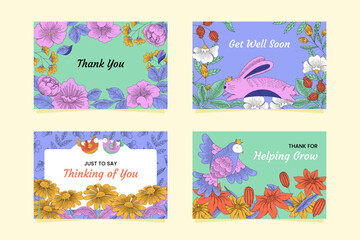 Hand drawn floral engraving horizontal card set