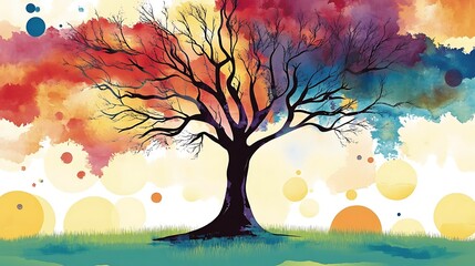 A vibrant abstract tree illustration with swirling patterns in a rainbow of colors, creating a whimsical and playful art piece that would be perfect for a background or design element.