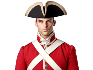 front view of a british redcoat soldier in full 18th century military uniform featuring a distinctive tricorne hat and red jacket, historical reenactment figure with focused expression and traditional