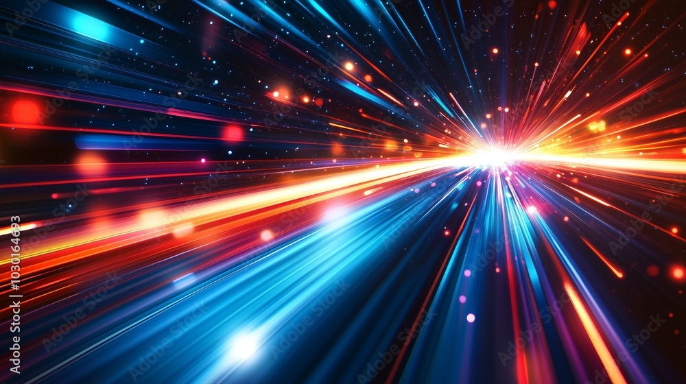 Poster light speed background with streaks of light in blue, orange and red colors. shiny rays on dark back