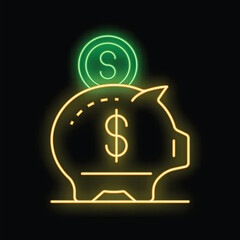 Neon piggy bank glowing with dollar coin on top representing saving money concept