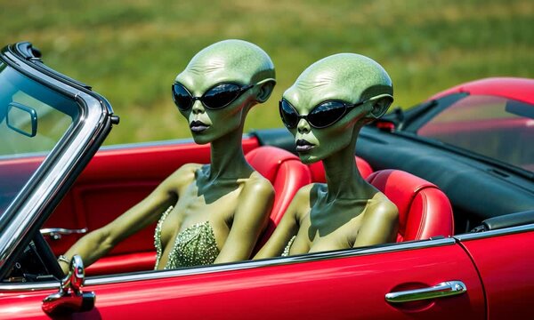 Two extraterrestrial beings cruise in a vintage convertible, showcasing their unique style and curiosities against a serene landscape under the sun