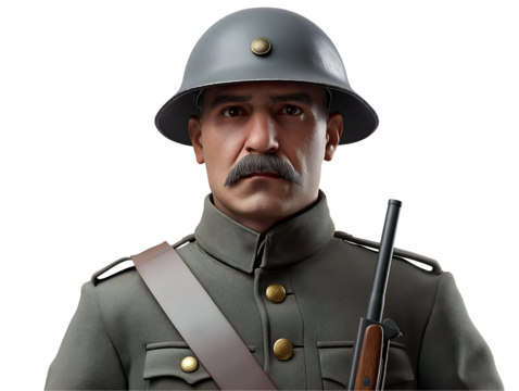front view of a german soldier from world war i in military uniform with helmet and rifle, featuring a serious expression and detailed portrait for historical reenactment or war history presentations
