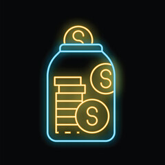 Glowing neon icon of a savings jar increasing with a falling coin on a black background