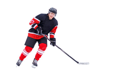 Hockey player with stick smiling into the camera isolated on white background