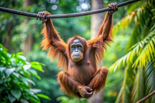 Minimalist orangutan hanging from tree at the zoo