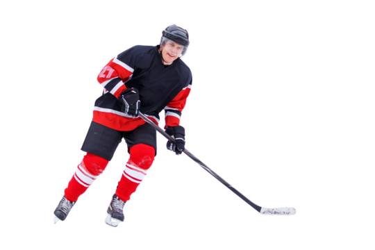 Hockey player with stick smiling into the camera isolated on white background - Powered by Adobe