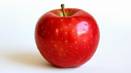 A shiny red apple against a plain white backdrop.  Great for pictures about healthy food, natural produce, or simple designs.  Perfect for food photos, nutrition info, or content about diets.