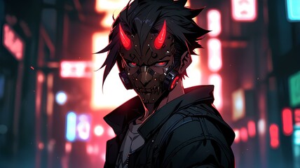 Oni mask sign pose cyberpunk anime boy head design.