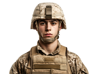 front view of a modern-day u.s. marine in desert camouflage uniform and combat helmet, military portrait showcasing tactical vest and contemporary warfare readiness
