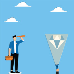 Help businessman look gems with a flashlight with binoculars