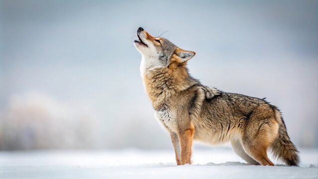 Minimalist photo of a winter scene with a coyote howling