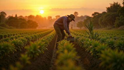 Fototapeta premium Farmers Planting Young Crops at Sunset