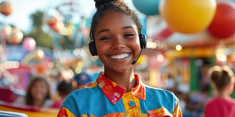  Theme park employee operating popular ride in bright and cheerful photo.