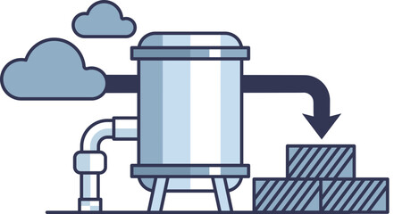 Illustration of carbon capture and storage in bricks, featuring a tank, clouds, and bricks.